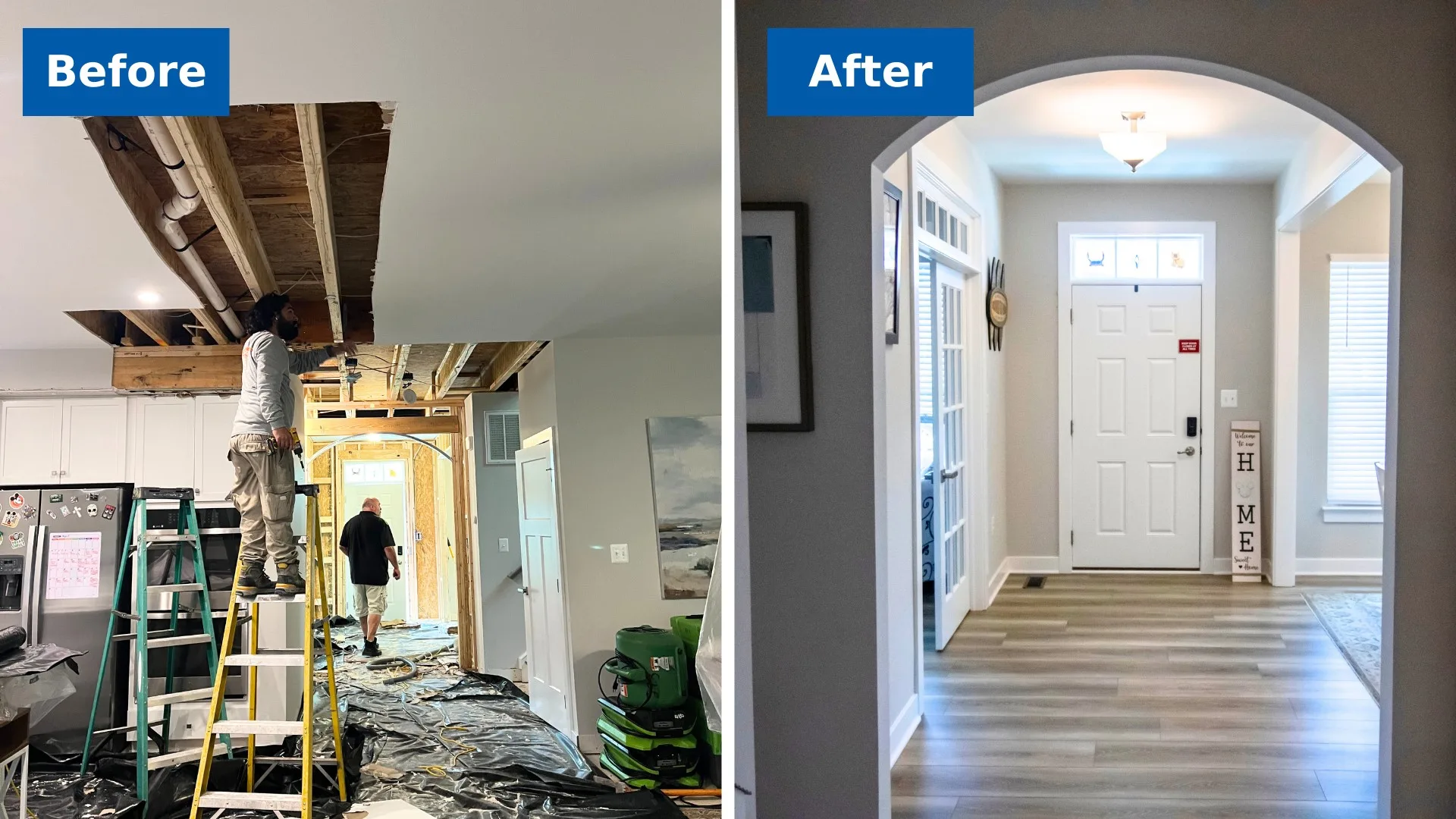 Before and after ceiling water damage restoration
